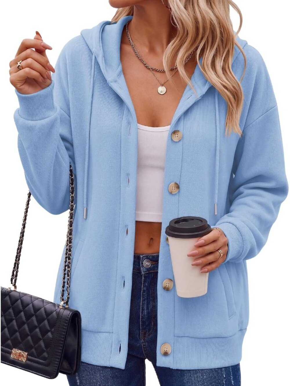 〽️Women's Light Blue Hoodie Sweatshirt Button Pocket Comfy Fleece Fashion Jacket